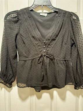 Elegant Black Sheer Dot Tie-Front Blouse